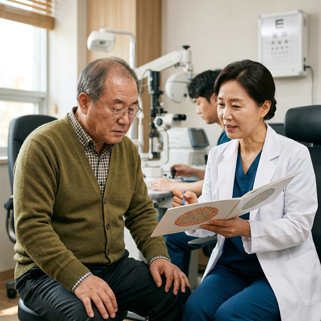 65세 남성이 안과 진료실에서 색각 검사판을 보며 의료진과 상담하는 장면