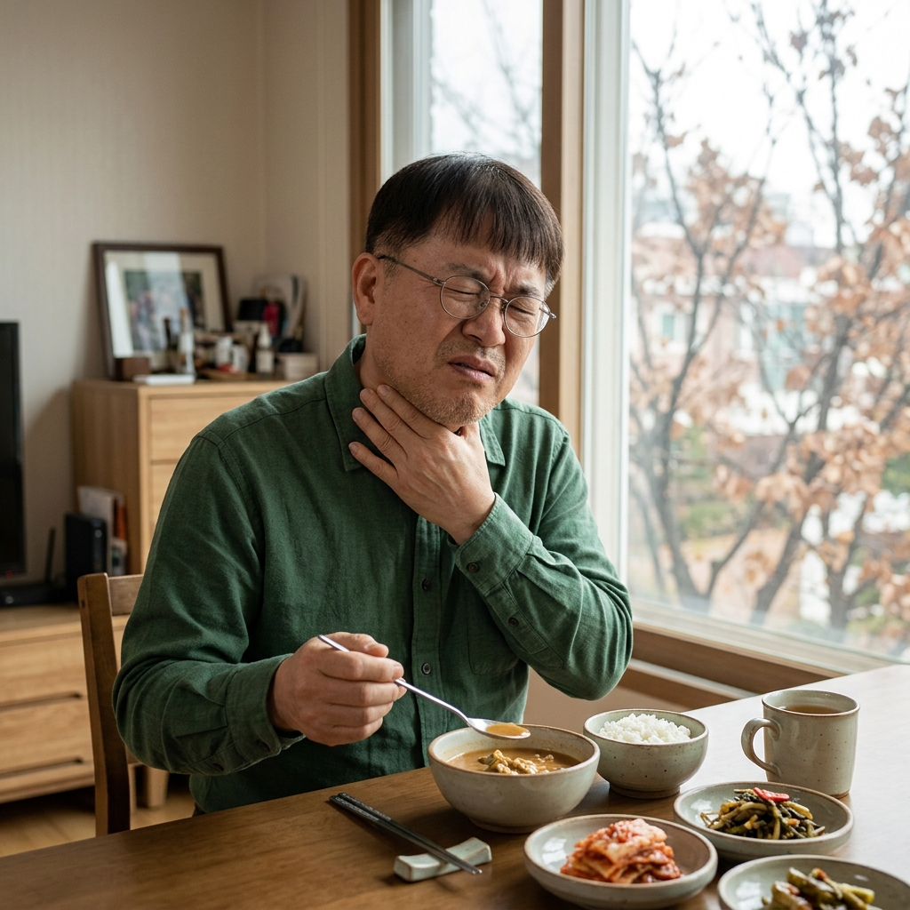 식탁 앞 60대 남성이 첫 숟가락을 들려다 턱밑을 손으로 누르며 찡그린 표정, 긴소매 셔츠, 창밖으로 늦가을 나뭇가지