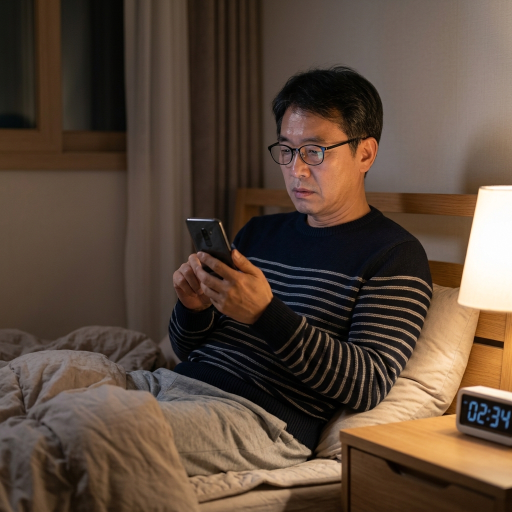 침대 옆 스탠드 불빛 아래 스마트폰 화면을 보며 잠들지 못하고 있는 중년 남성의 모습
