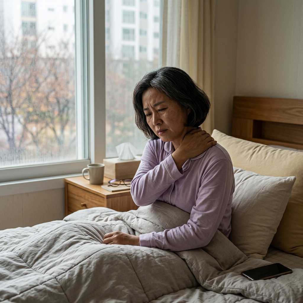 침대에 누워 목과 어깨를 움켜쥔 채 표정이 어두운 50대 중반 여성, 창밖으로 흐린 빛이 들어오는 실내