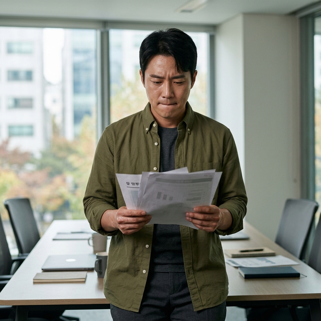 회의실에서 발표 준비 중 긴장한 표정으로 손을 떨며 서류를 바라보는 30대 직장인