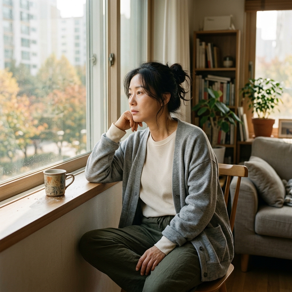 창가에 앉아 멍한 표정으로 먼 곳을 바라보는 40대 여성, 따뜻한 자연광, 편안한 실내복 차림