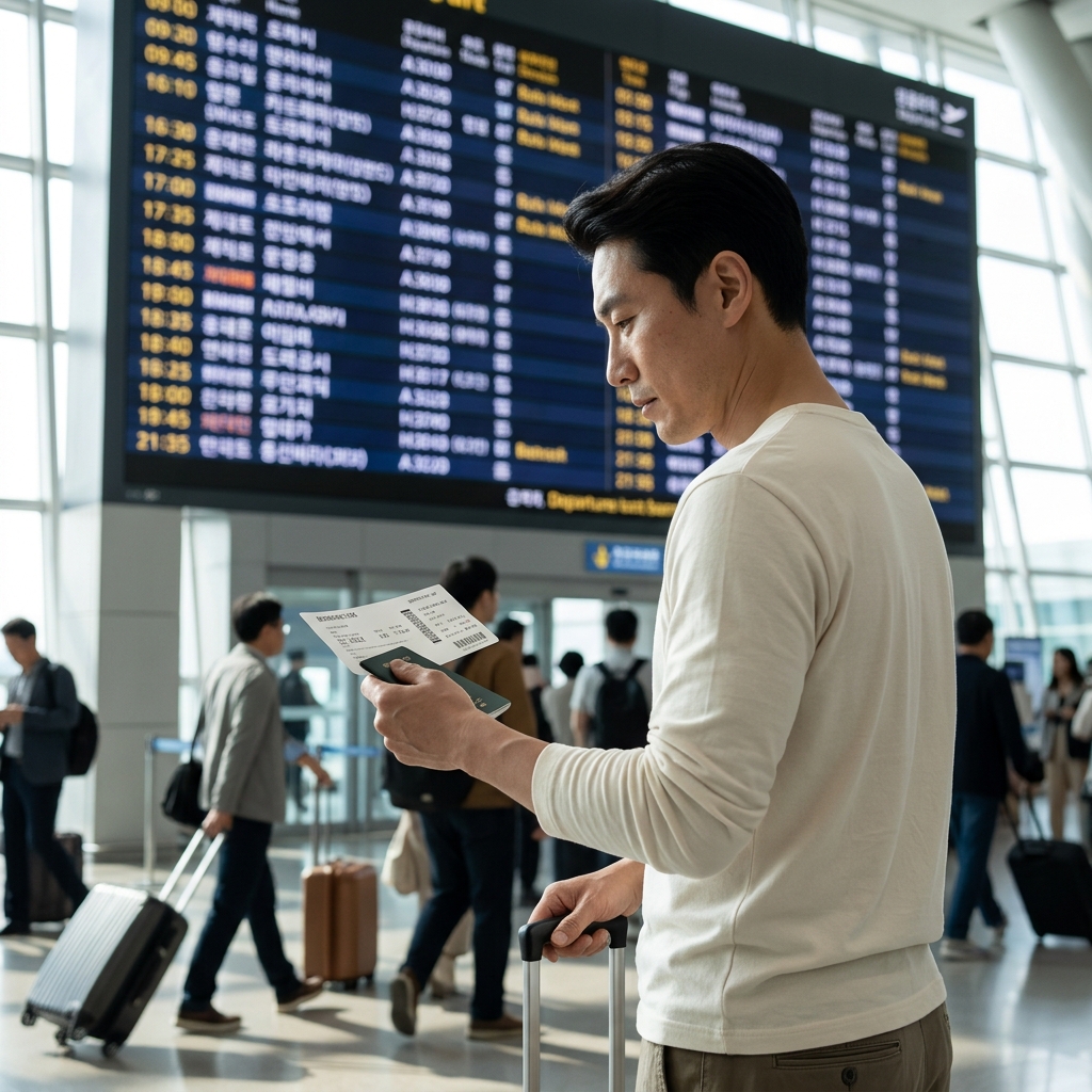 공항 출발 게시판 앞에서 항공권을 확인하는 여행자의 모습