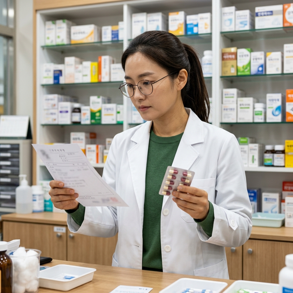 약국 조제대에서 약사가 처방전을 확인하며 항생제 포장을 손에 들고 있는 장면, 밝은 조명 아래 정돈된 약품 선반