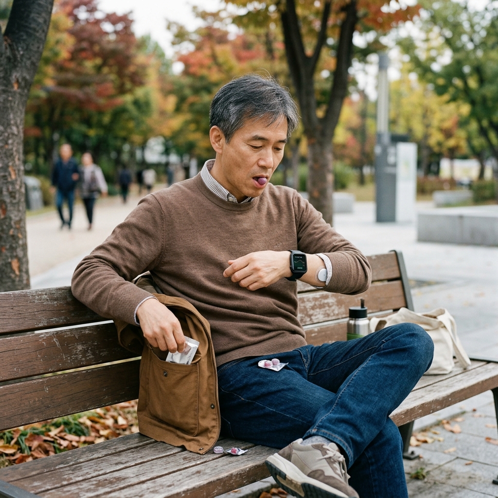 50대 중반 남성이 공원 벤치에 앉아 주머니에서 포도당 사탕을 꺼내 먹으며, 손목의 혈당측정기를 확인하는 장면