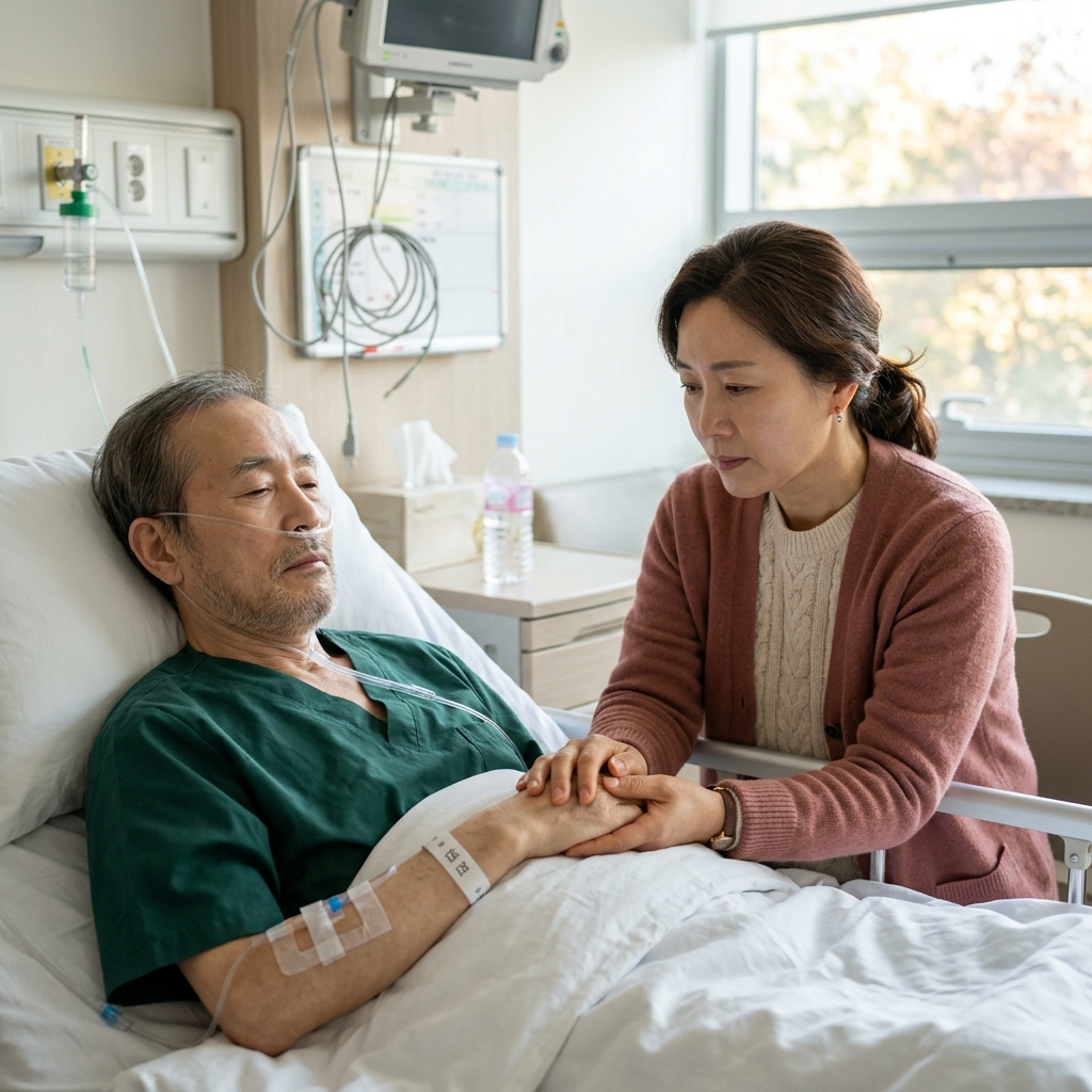병실에서 산소 마스크를 착용한 70대 환자의 손을 잡고 있는 중년 보호자