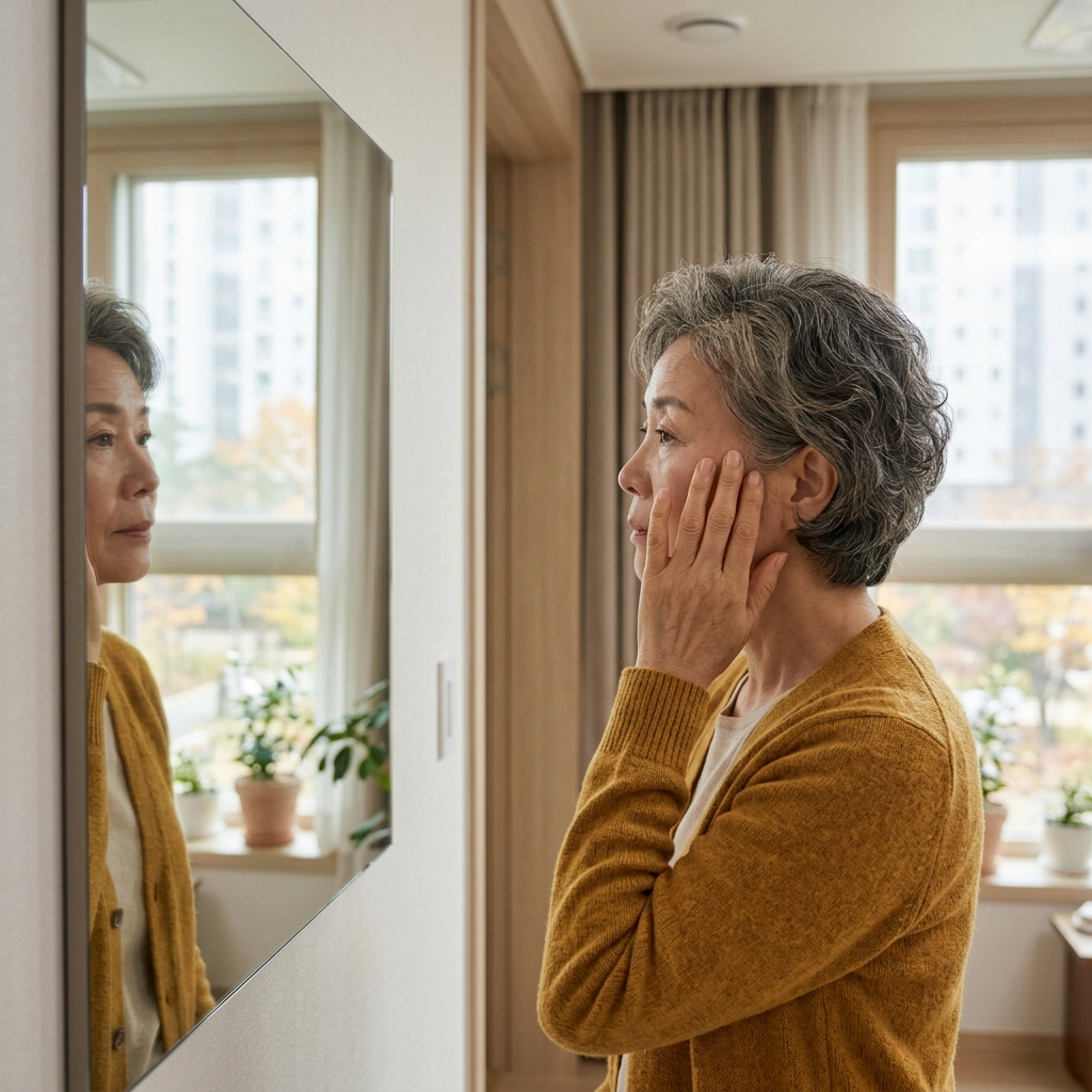 거울을 보며 얼굴 윤곽을 살피고 있는 60대 후반 여성, 창가의 부드러운 자연광 아래에서 관자놀이와 볼 라인을 손으로 가볍게 만져보는 모습