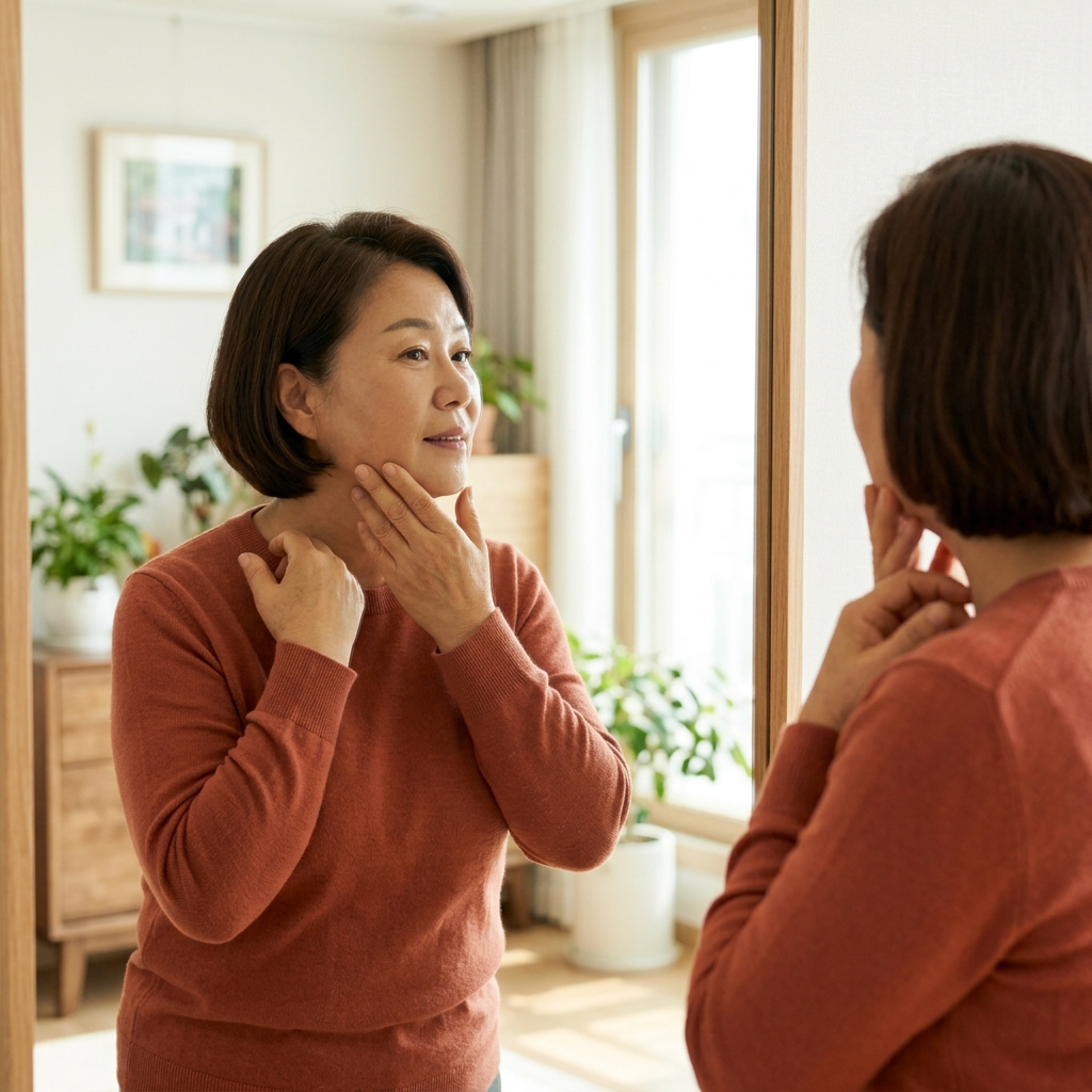 거울 앞에서 턱선과 볼 라인을 가볍게 손으로 확인하는 60대 후반 여성, 밝은 낮 조명이 들어오는 실내, 긴소매 니트 차림