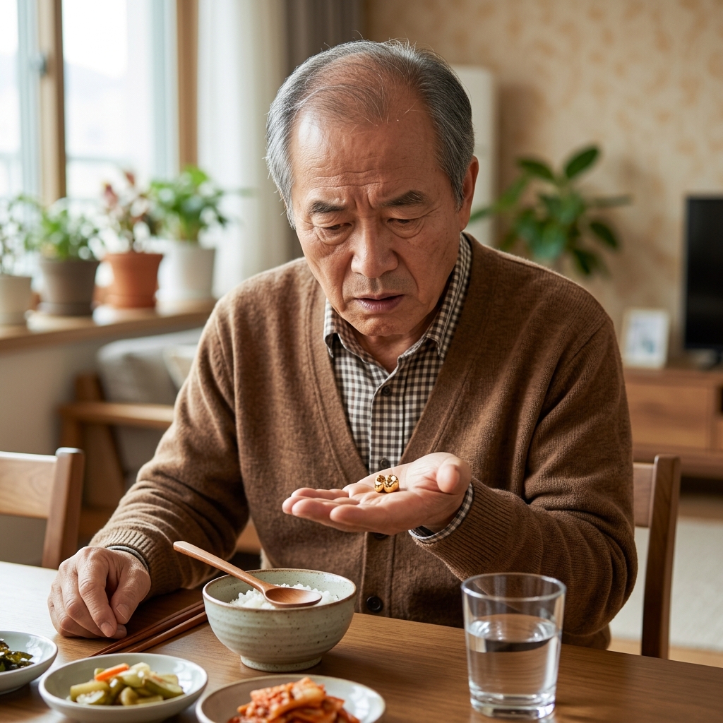 70대 남성이 식탁 앞에 앉아 입에서 빠진 금니를 손바닥 위에 올려놓고 당황한 표정으로 바라보는 모습, 테이블 위에 반찬 그릇과 물컵이 놓여 있음
