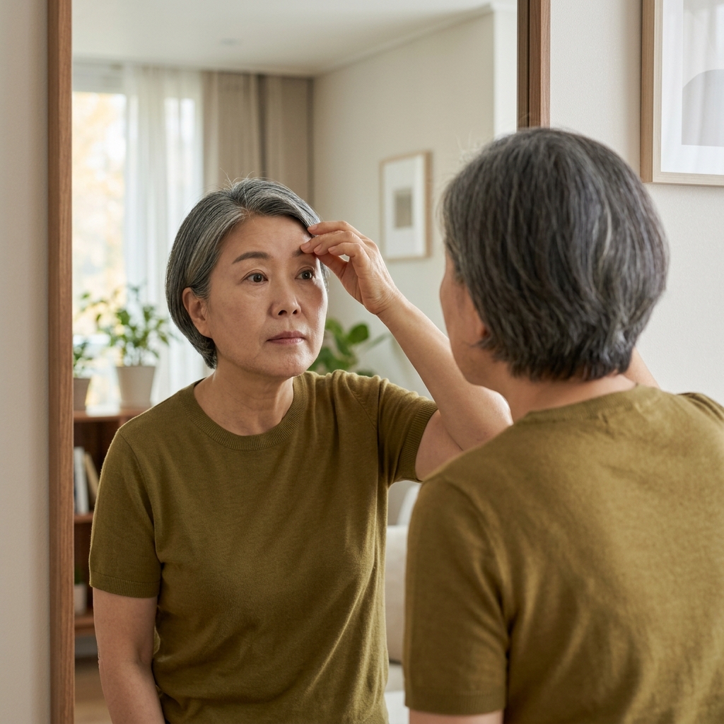 60대 여성이 거울 앞에서 한 손으로 눈썹을 살짝 올려보며 눈꺼풀 상태를 확인하고 있는 장면, 실내 조명, 짧은 소매 상의