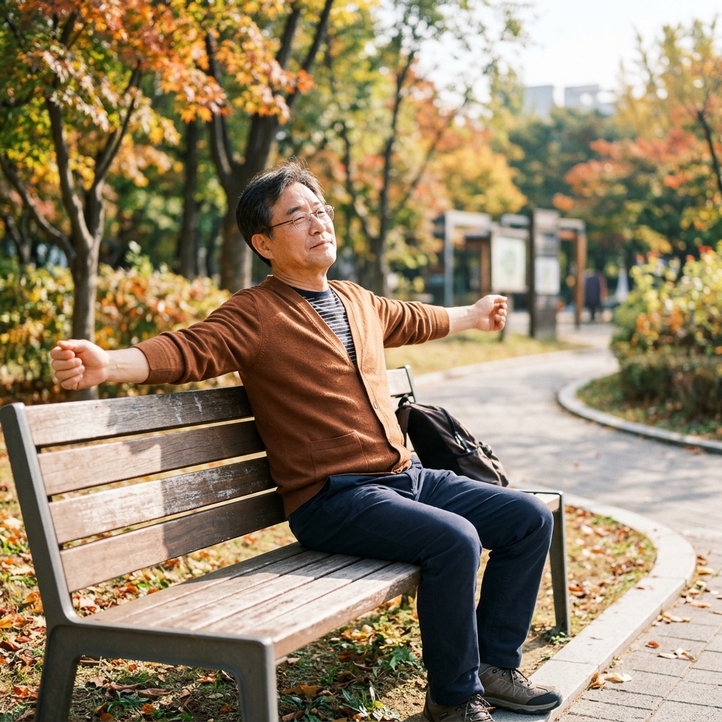 공원 벤치에 앉아 오전 햇살을 받으며 가볍게 팔을 뻗는 중년 남성