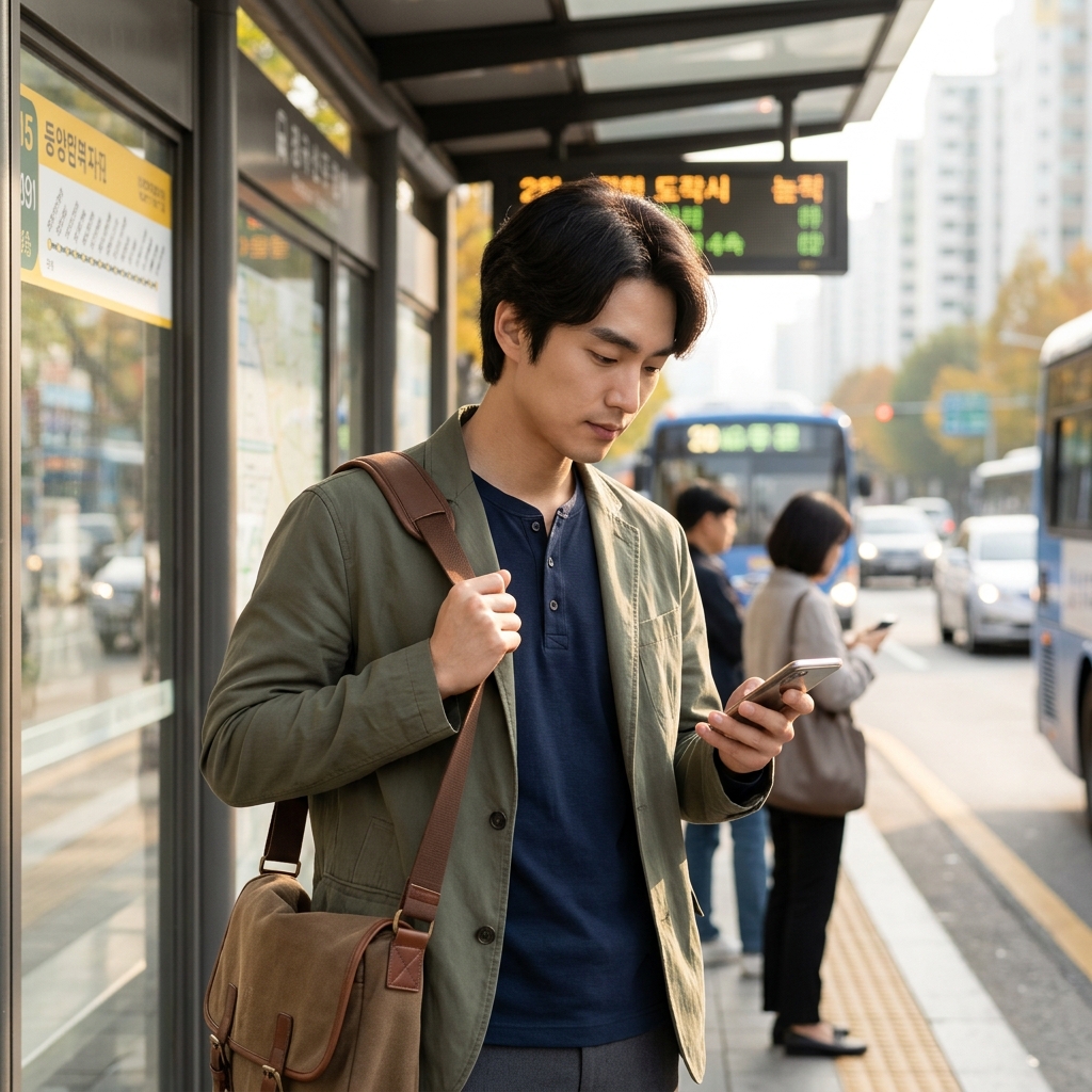 아침 시간대 버스 정류장에서 얇은 재킷을 걸친 직장인이 가방을 든 채 서 있는 모습