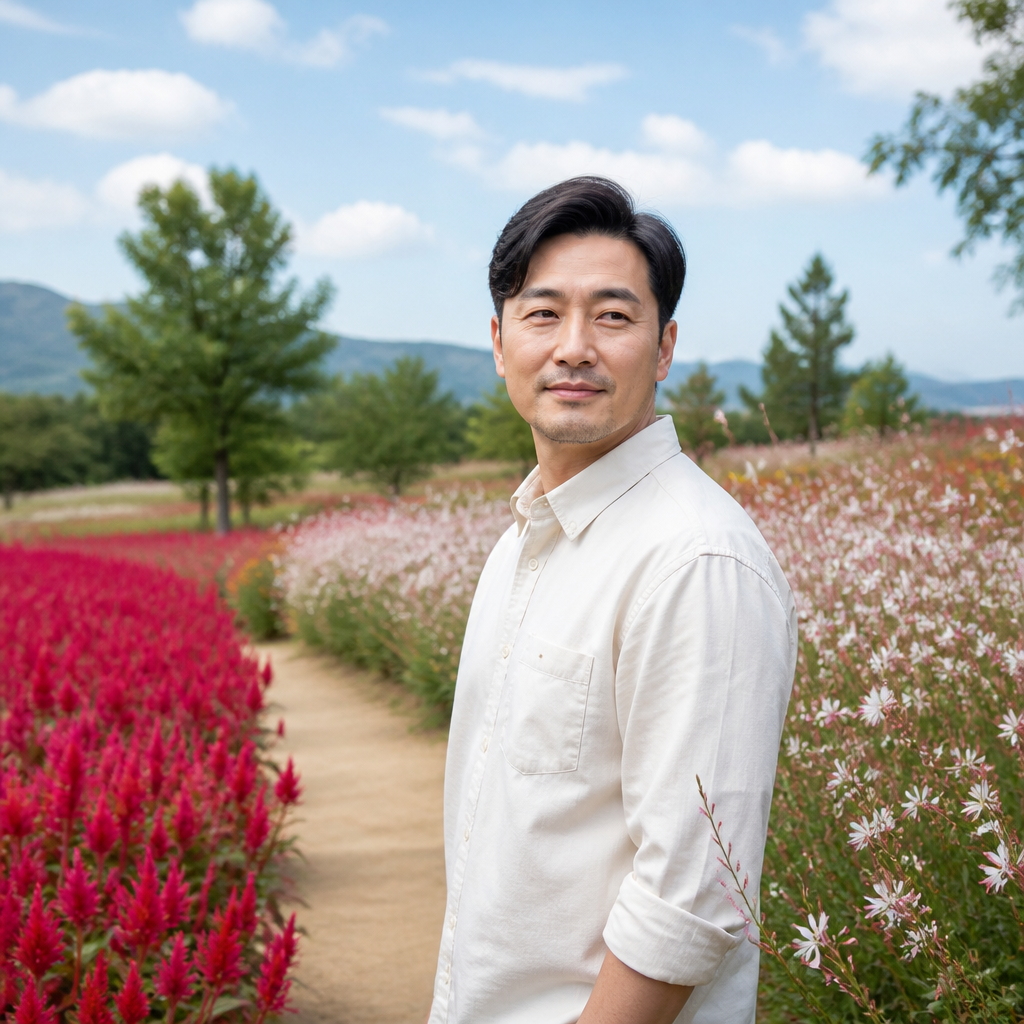 햇살 아래 펼쳐진 맨드라미와 가우라 꽃밭 사이 산책로