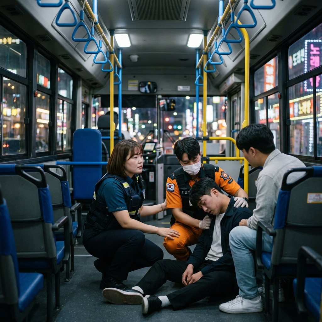 야간 유흥가 거리에 세워진 대형 저상버스 안에서 경찰관과 응급구조사가 만취자를 보호하는 장면