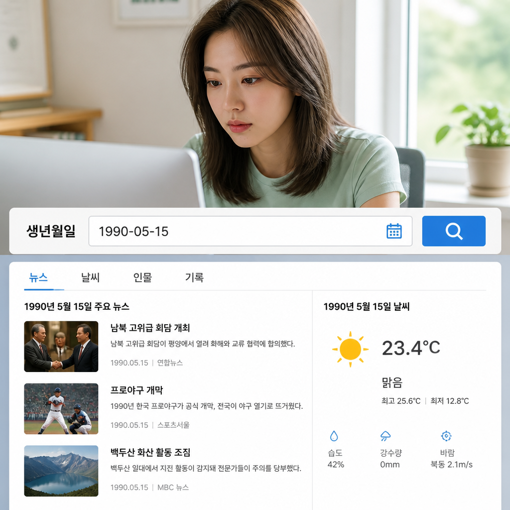 생년월일을 입력하는 검색창과 과거 뉴스&middot;날씨가 담긴 결과 화면