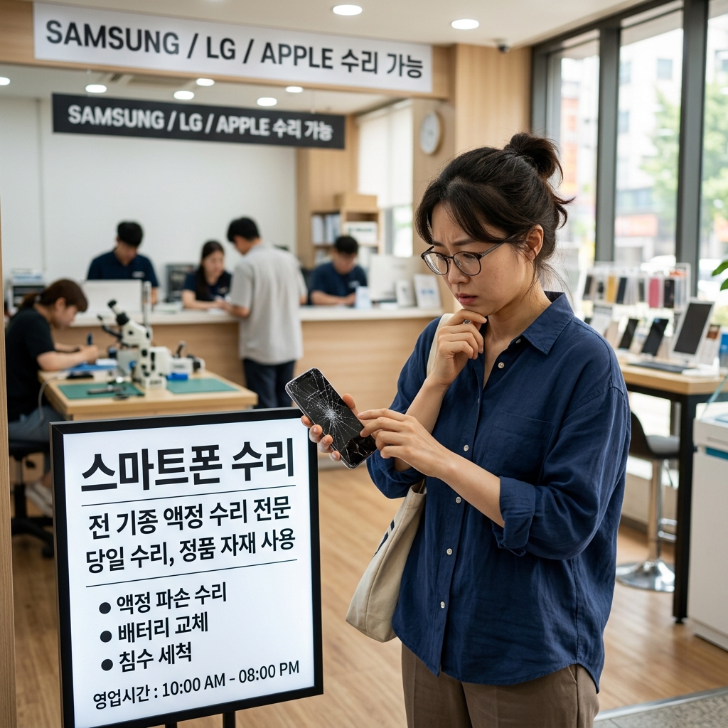 깨진 휴대폰 액정을 들고 수리점 안내판 앞에서 고민하는 30대 성인의 모습, 실내 조명, 긴팔 셔츠