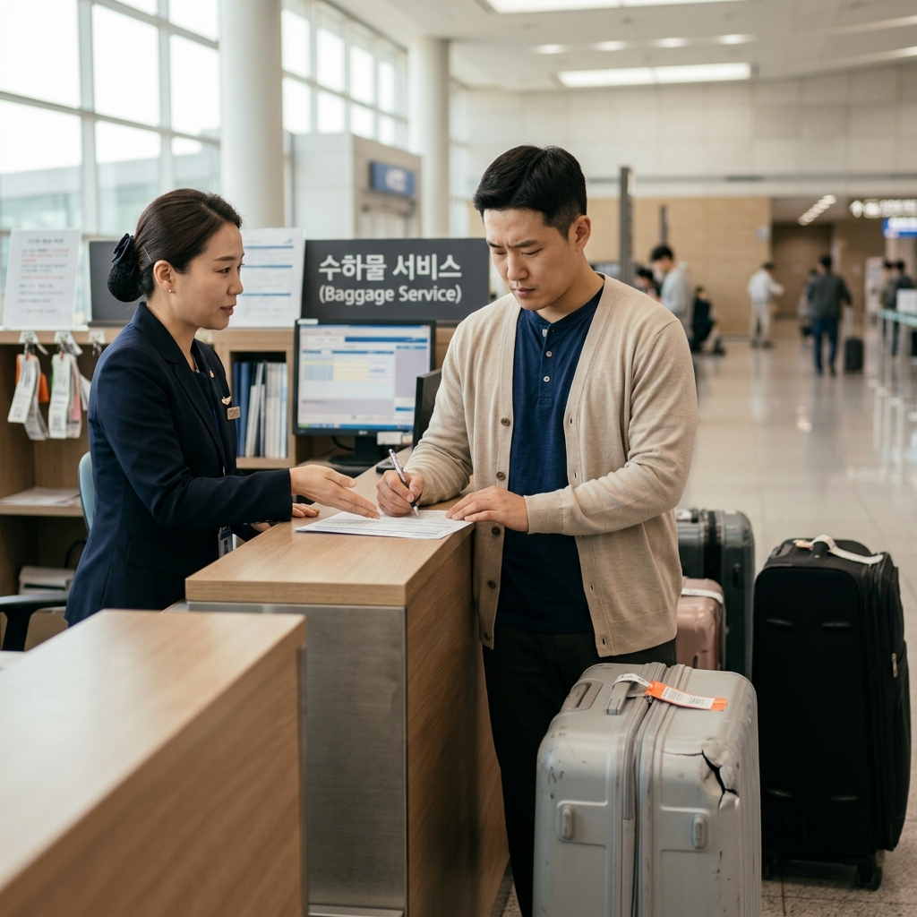 공항 항공사 수하물 카운터에서 PIR 작성 중인 여행객과 직원, 파손된 캐리어가 카운터 옆에 놓여 있음, 가벼운 카디건 착용
