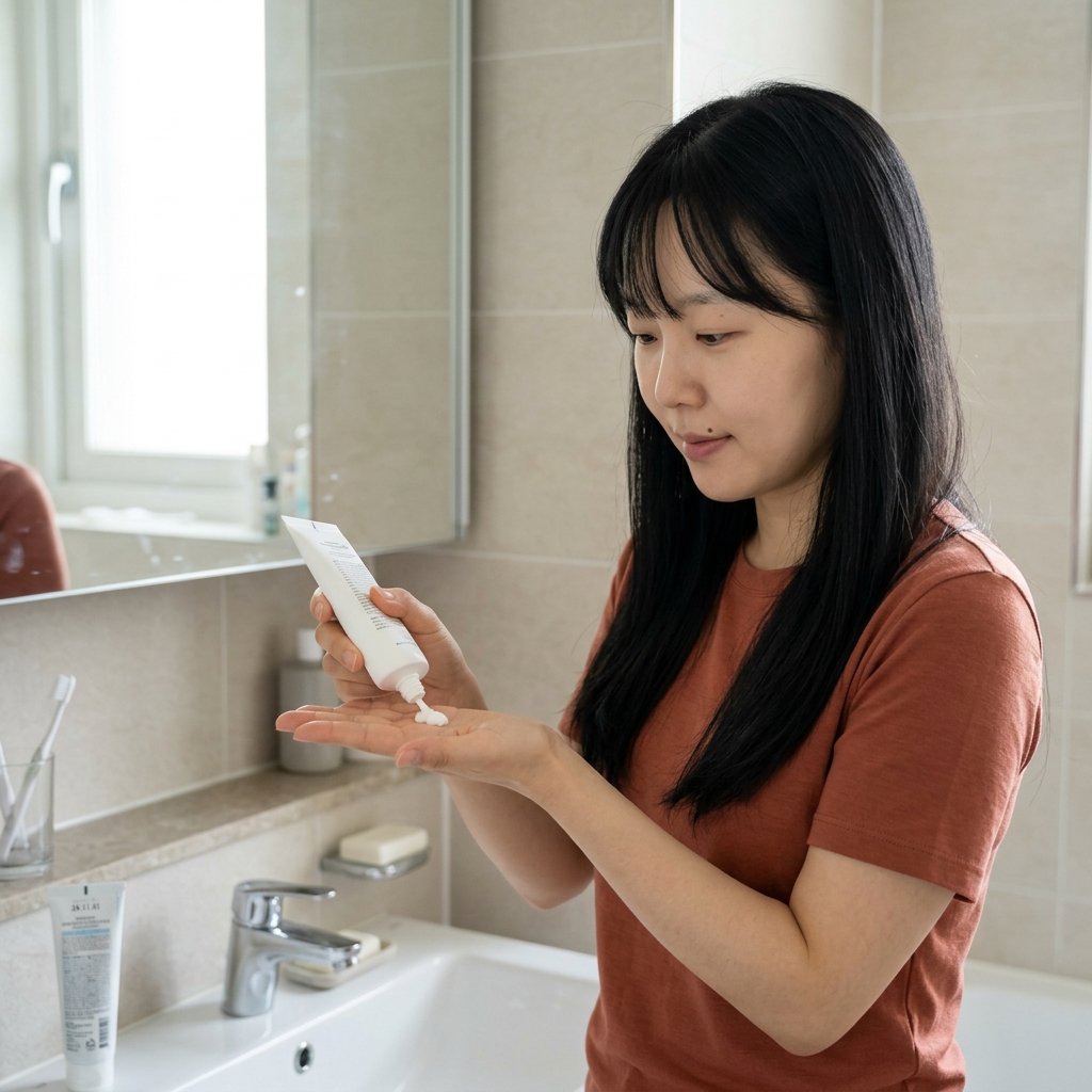 30대 여성이 거울 앞에서 손바닥에 짜낸 흰색 선크림을 관찰하며 전성분표가 적힌 용기 뒷면을 비교하는 모습