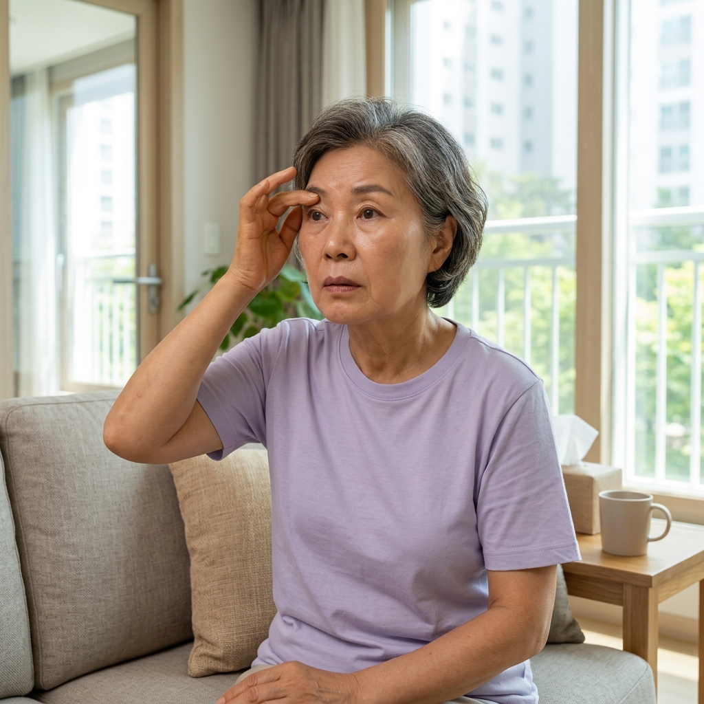 70대 여성이 거실 소파에 앉아 한 손으로 처진 눈꺼풀을 살짝 들어 올리며 시야 불편을 확인하는 모습, 얇은 반팔 셔츠 착용, 창밖으로 밝은 여름 햇살