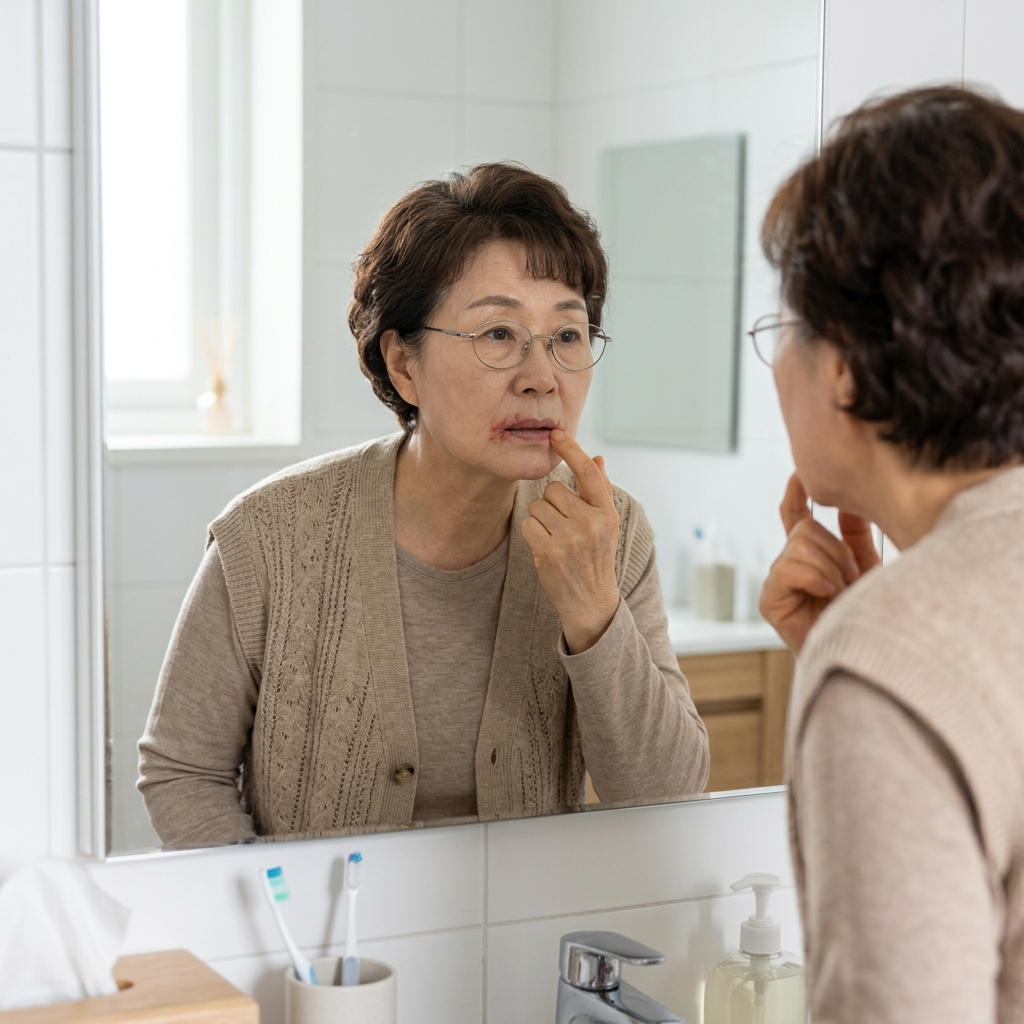 입꼬리가 붉어지고 갈라진 모습을 거울로 확인하는 70대 성인