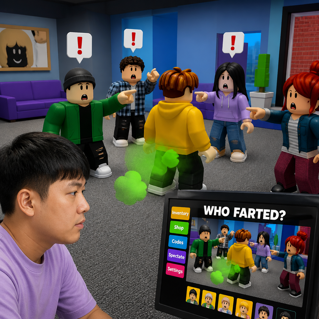 로블록스 WHO FARTED 게임 화면, 플레이어들이 방귀쟁이를 찾는 장면