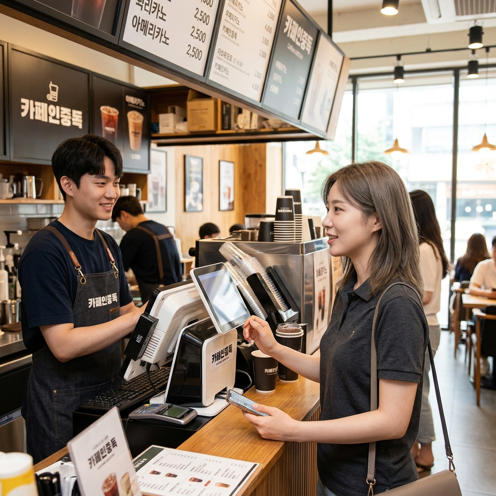 카페인중독 매장 카운터에서 아메리카노를 주문하는 손님의 모습