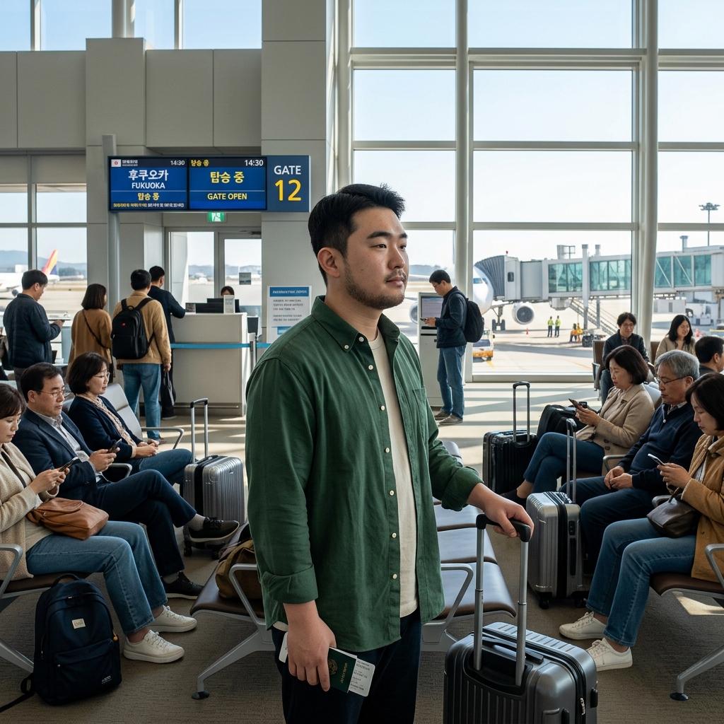 공항 출국장에서 후쿠오카행 항공편 탑승을 기다리는 여행객들