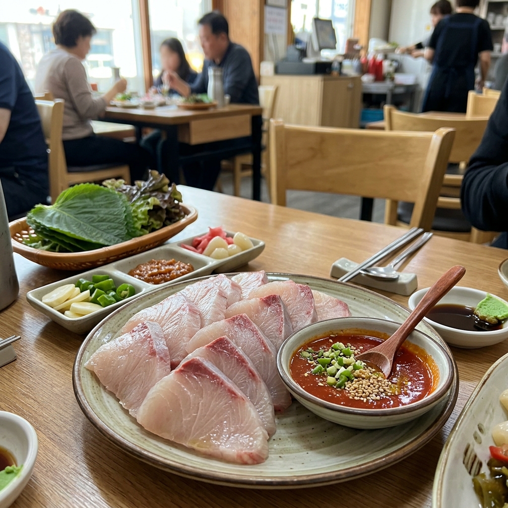 횟집 테이블 위에 올려진 두툼한 방어회 접시와 초장