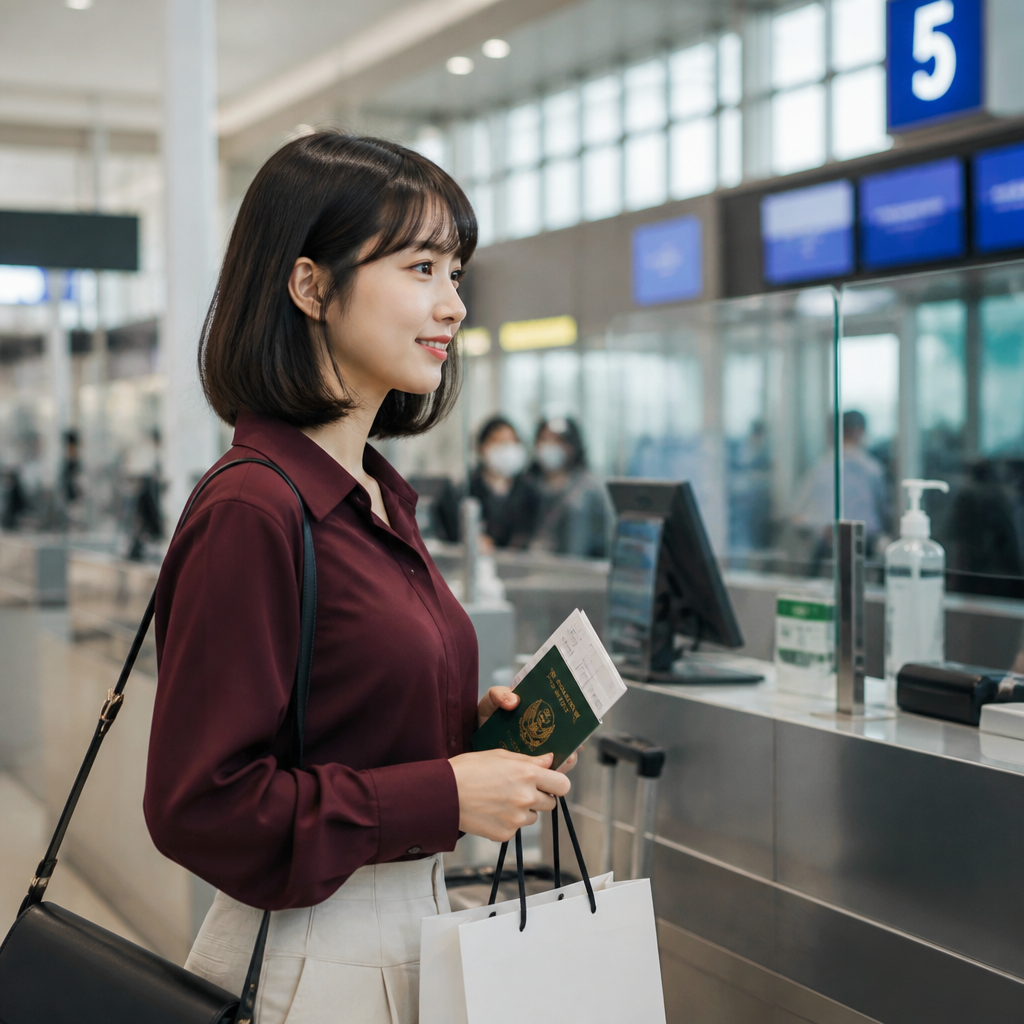 일본 공항 세관 검사대에서 여권과 쇼핑백을 준비한 여행객
