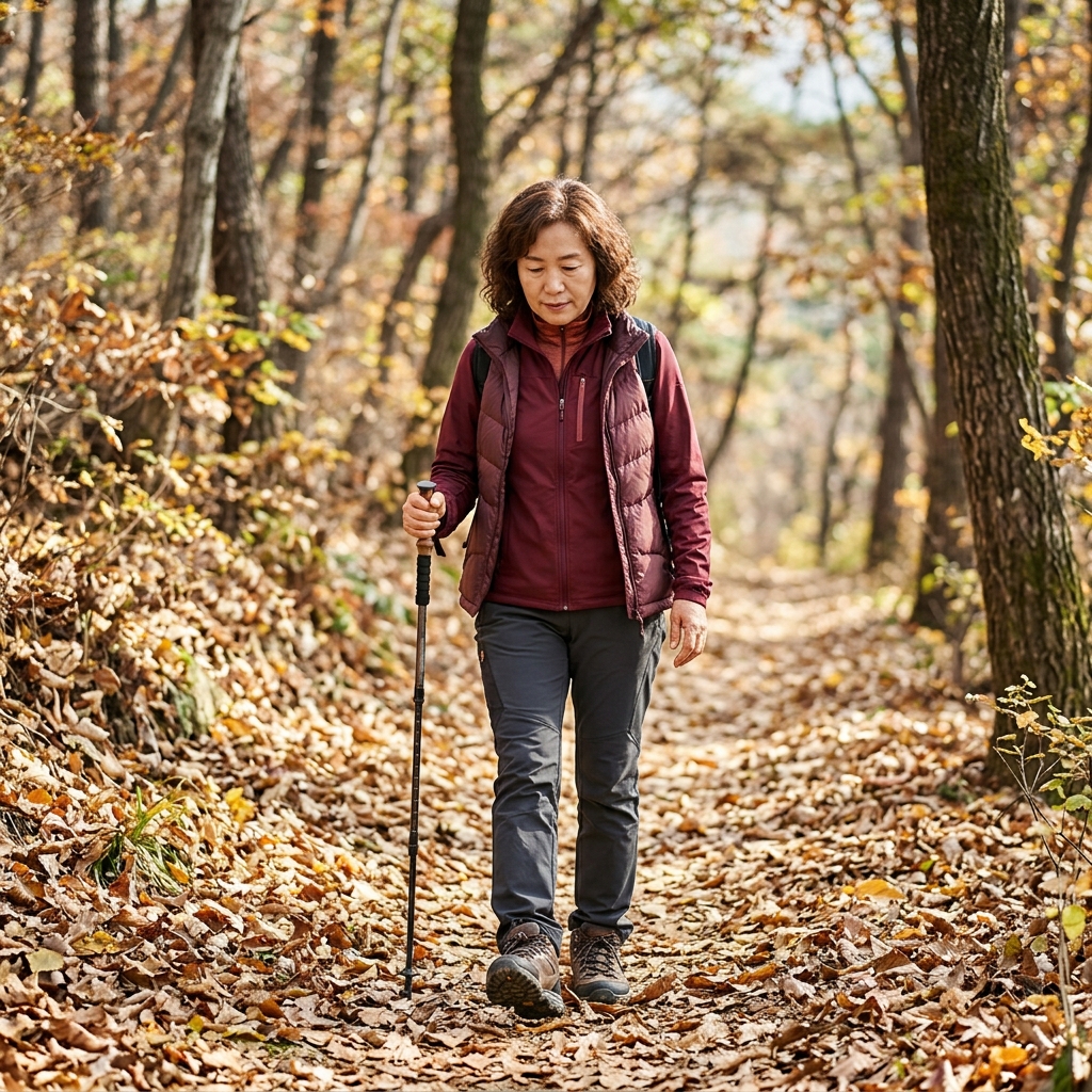 낙엽 쌓인 산길을 미끄럼 방지 등산화 신고 천천히 걷는 중장년 등산객
