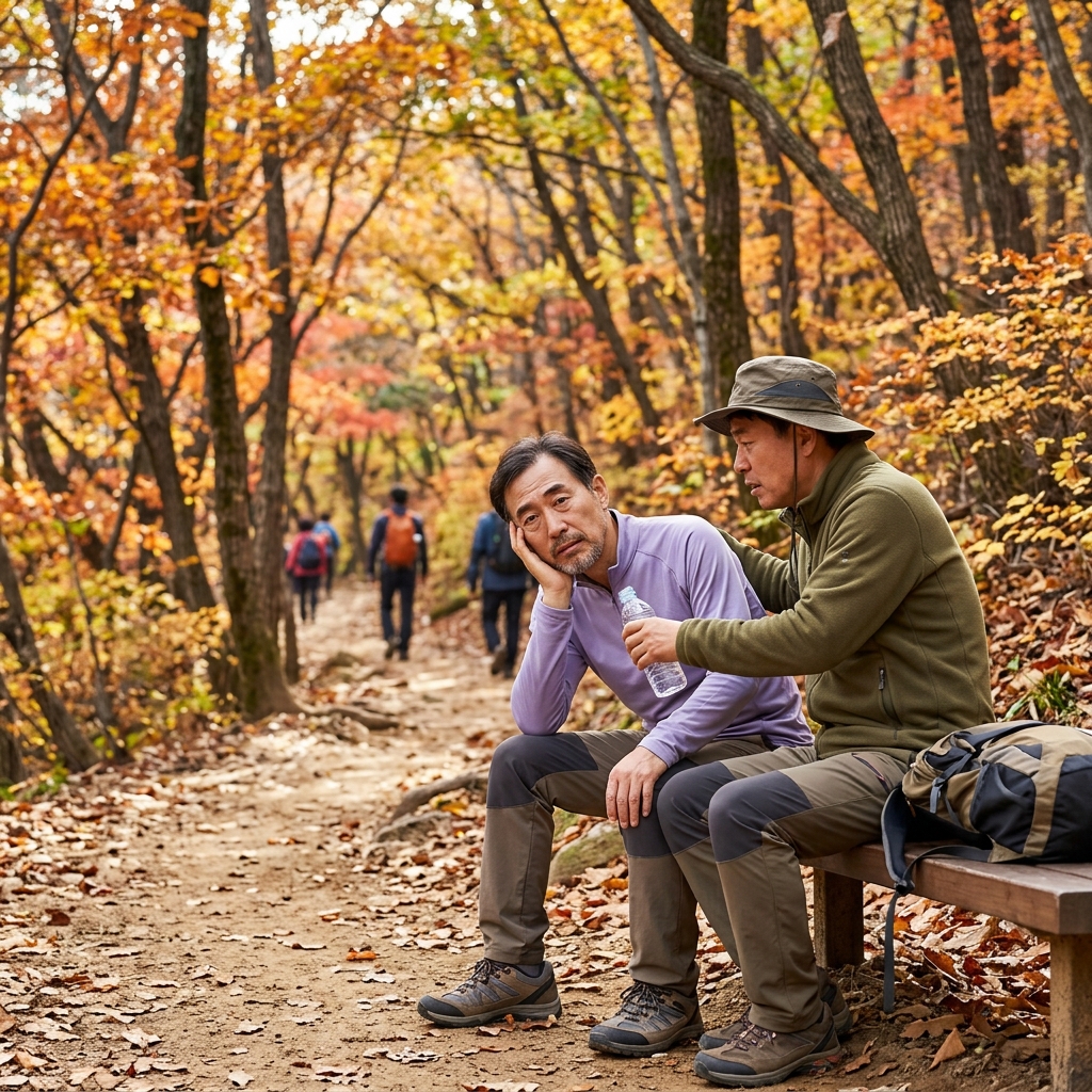 50대 후반 남성이 등산로 중간 벤치에 앉아 이마를 짚고 있고, 옆에 있는 동행자가 걱정스러운 표정으로 물을 건네는 모습. 배경은 가을 단풍이 물든 산길