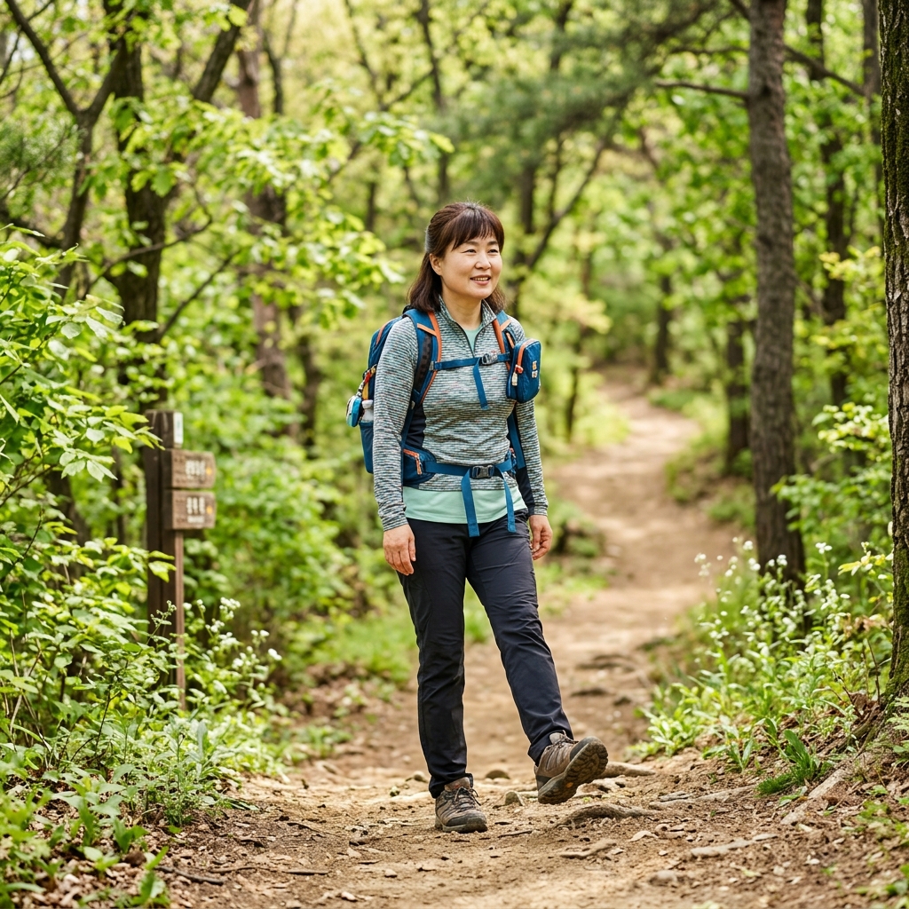 50대 중반 여성이 완만한 산길 입구에서 등산화를 신고 가벼운 배낭을 메고 첫 발을 내딛는 장면, 주변은 초록빛 나뭇잎과 평평하지 않은 흙길
