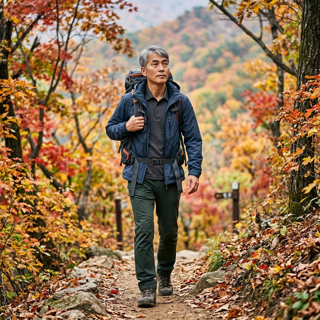 50대 후반 등산객이 배낭을 메고 단풍 산길을 걷는 모습, 허리를 곧게 세운 자세