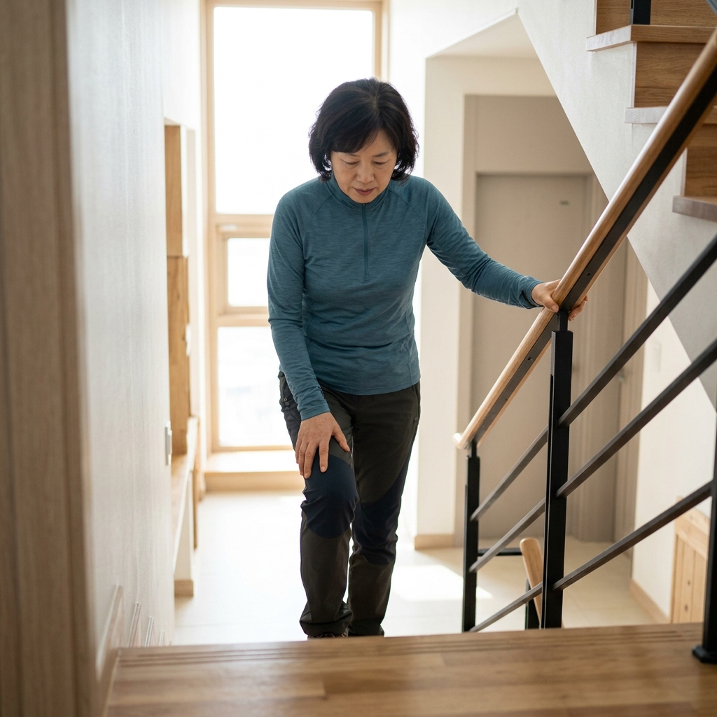 등산복 차림의 60대 여성이 실내 계단 난간을 잡고 한 발씩 조심스럽게 내려가며 무릎을 살피는 모습, 얇은 긴팔 상의와 배경의 환한 자연광