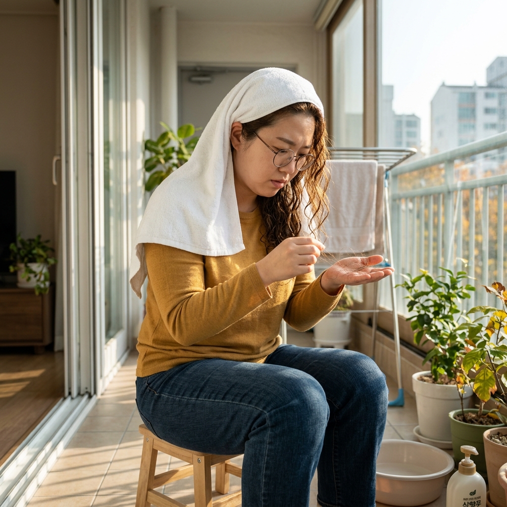 가을 햇살 아래 머리를 감은 뒤 손에 묻은 머리카락을 확인하는 50대 여성의 모습