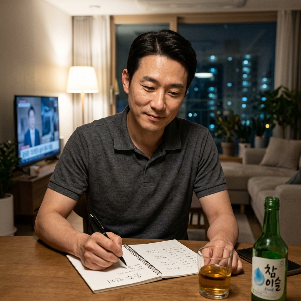 40대 직장인이 퇴근 후 집에서 음주 일지를 작성하며 한 달 음주 패턴을 확인하는 장면