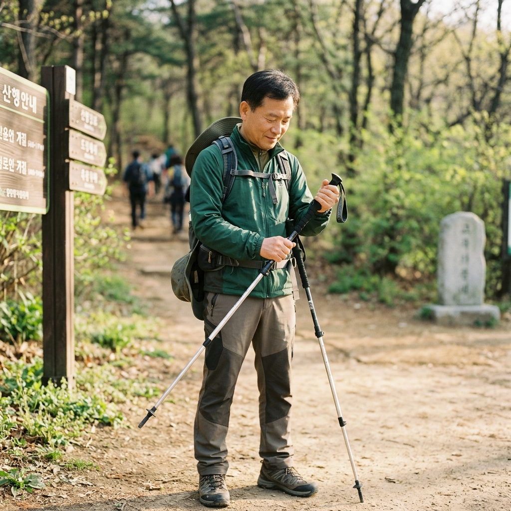 산 입구에서 등산 스틱 길이를 조절하며 산행을 준비하는 50대 후반 등산객의 모습
