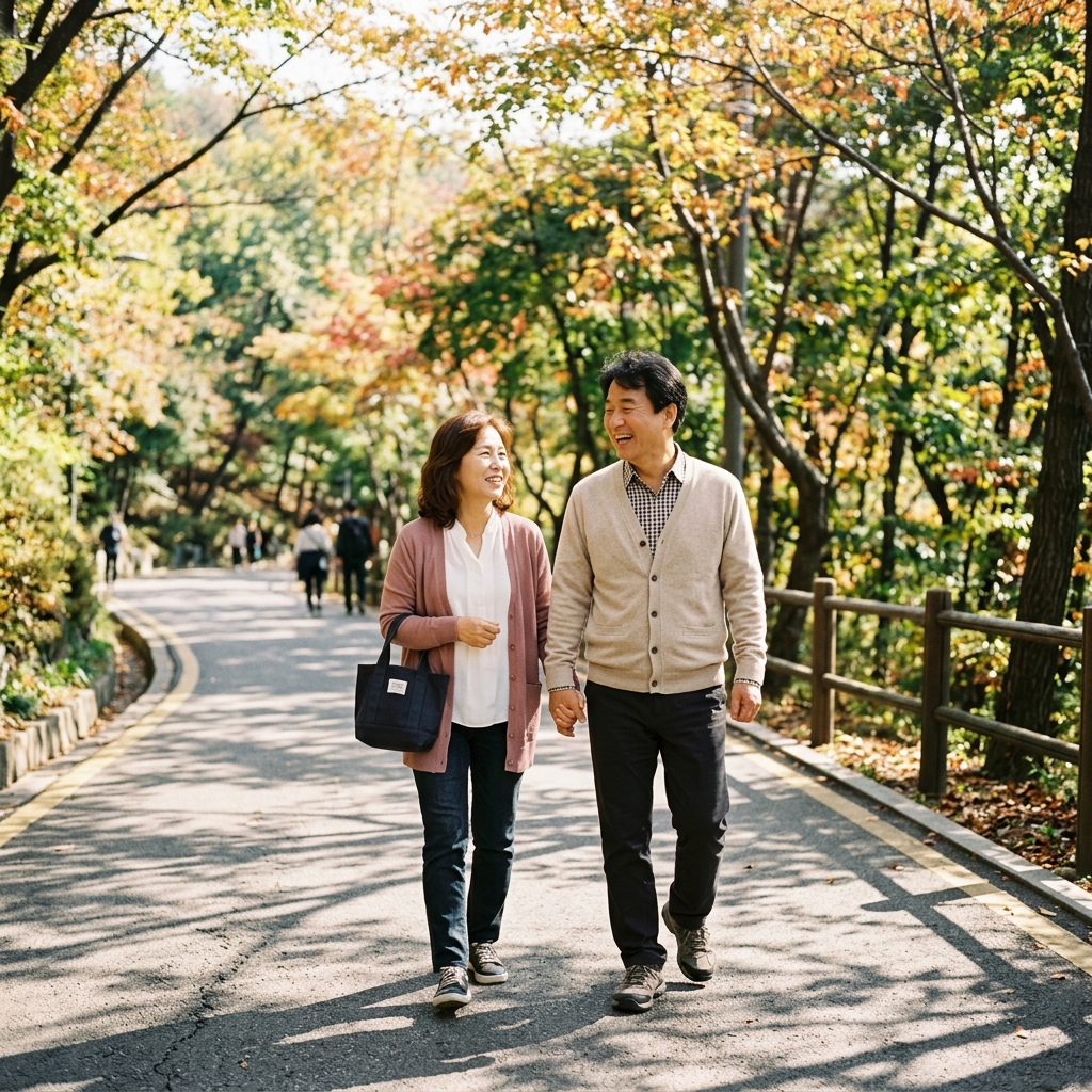 남산 북측순환로를 걷는 중장년 부부, 얇은 가디건 차림, 가벼운 단풍 그늘 아래