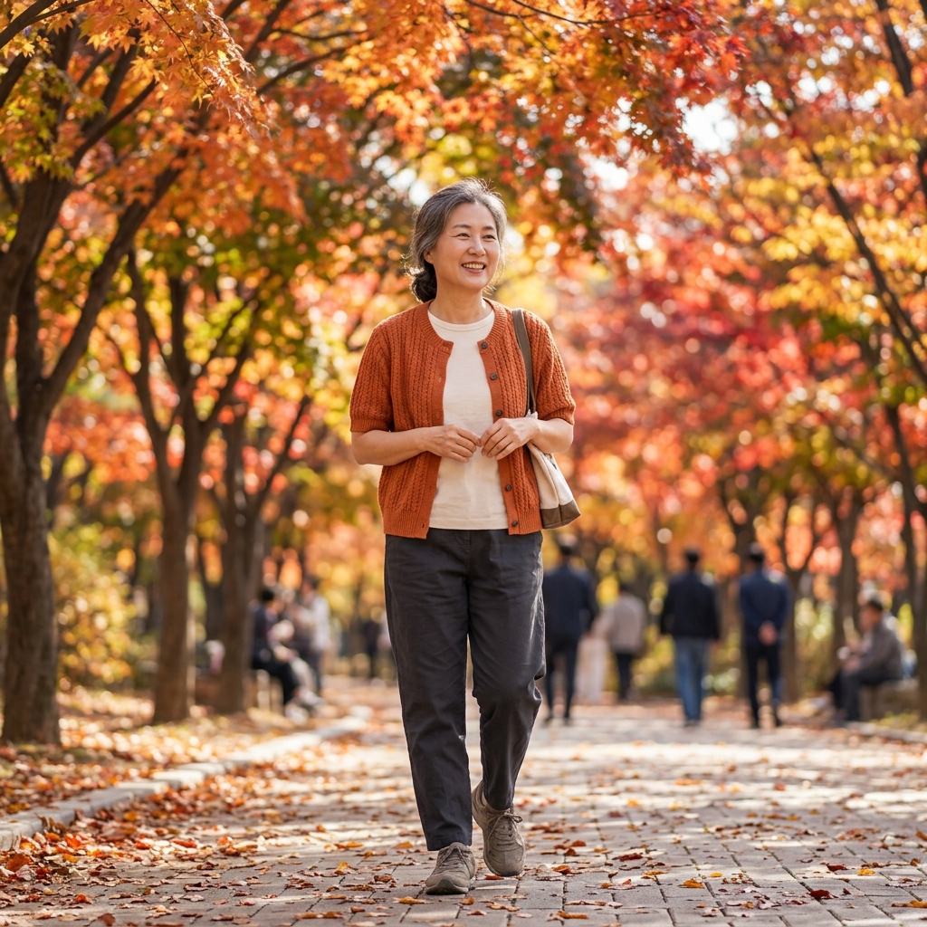 서울숲 단풍나무 아래를 거니는 중년 여성, 반팔 카디건과 편한 신발