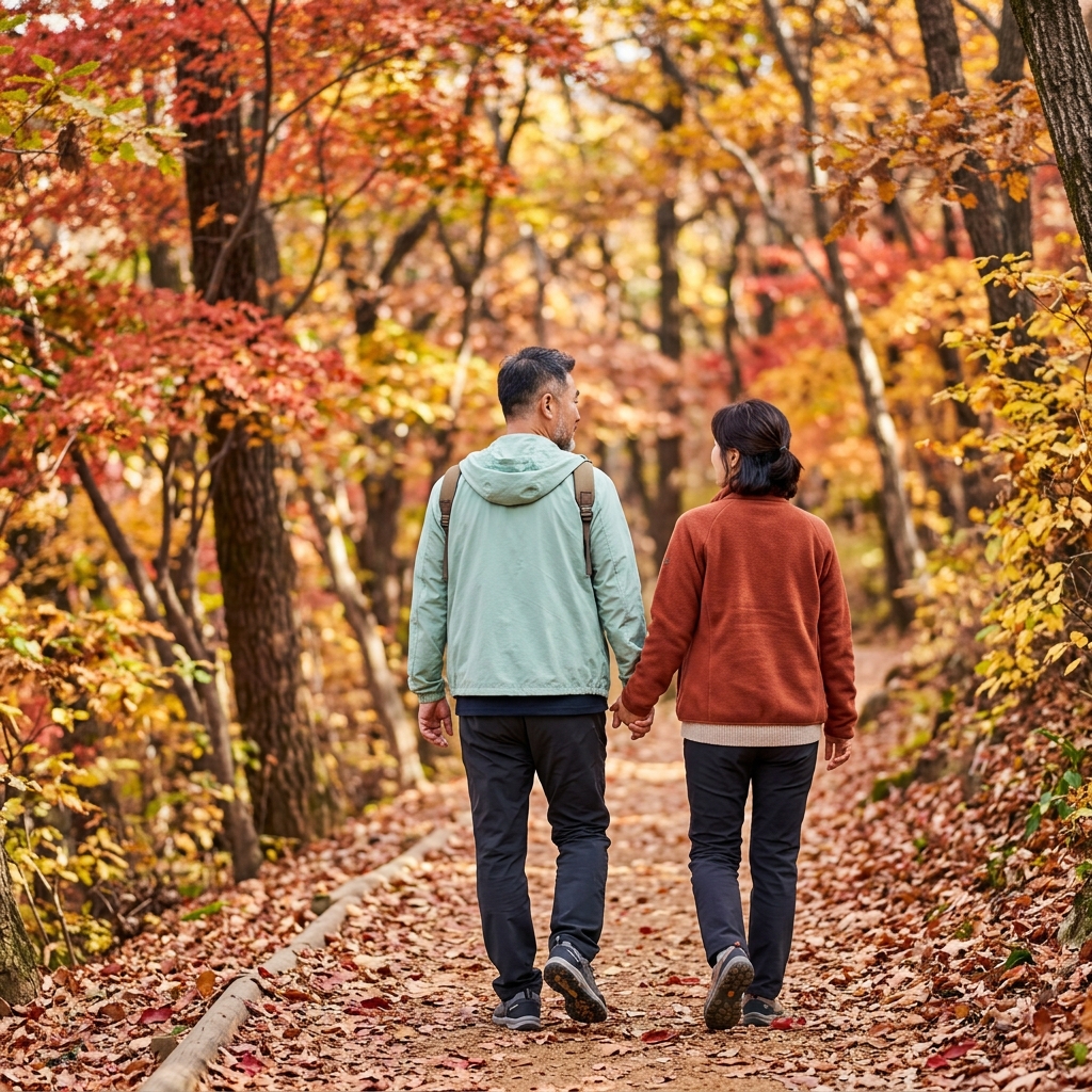 서울에서 차로 한 시간 거리, 단풍이 붉게 물든 수도권 숲길을 따라 걷는 중년 부부의 뒷모습