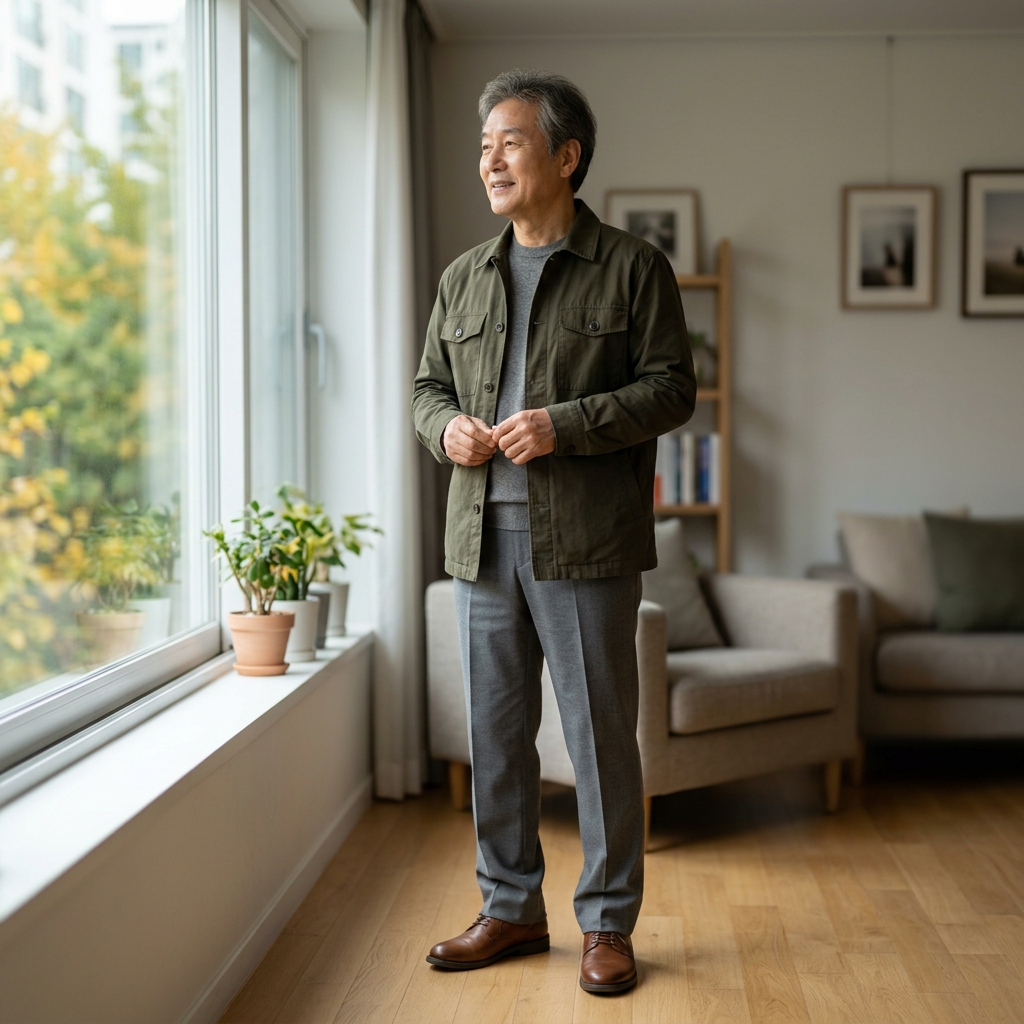 70대 남성이 회색 슬랙스에 올리브색 셔츠형 재킷을 입고 실내에서 서 있는 모습, 자연광이 들어오는 창가