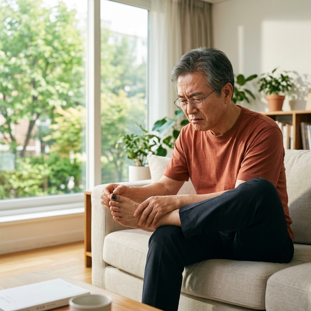 60대 중반 남성이 거실 소파에 앉아 한쪽 다리를 무릎 위에 올리고 검게 변한 엄지발톱을 들여다보며 표정을 찌푸리는 모습, 창밖으로 보이는 늦봄 녹음, 실내는 밝은 자연광