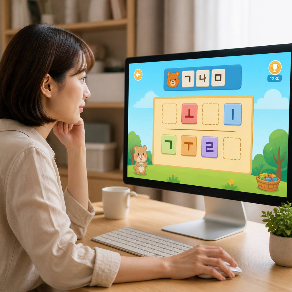 컴퓨터 화면에 한글 자모 퍼즐 게임이 띄워진 장면
