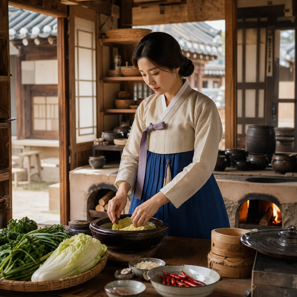 1930년대 경성 한옥 부잣집 내부, 전통 한복 입은 여성이 부엌에서 집안일하는 모습