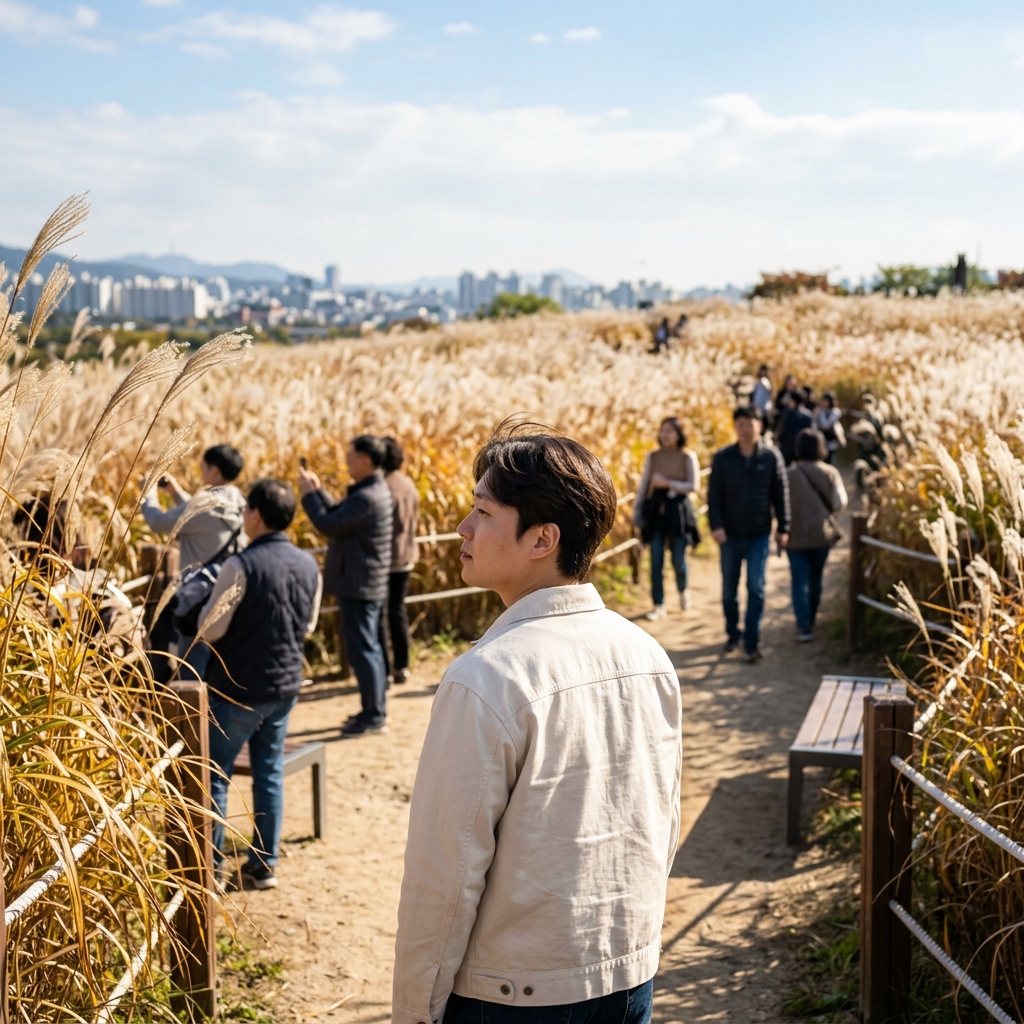 하늘공원 억새밭을 배경으로 가을 풍경을 감상하는 시민들