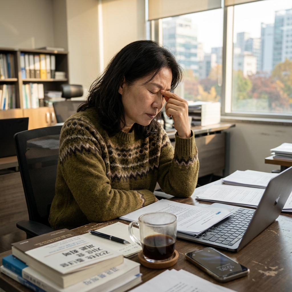 오후 책상 앞에서 커피잔을 놓고 미간을 짚으며 피로를 느끼는 중년 여성
