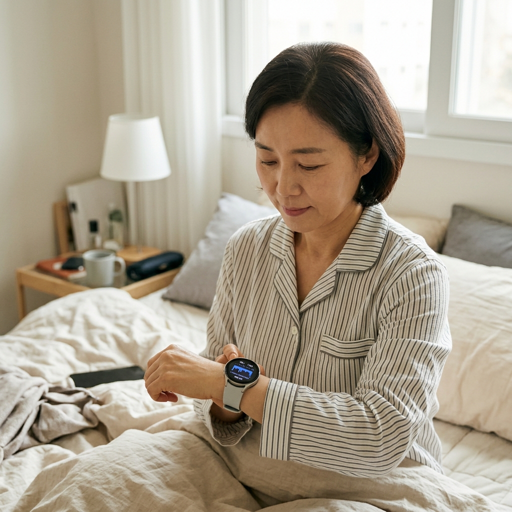 손목에 스마트워치를 착용하고 수면 데이터를 확인하는 50대 중년의 아침 장면