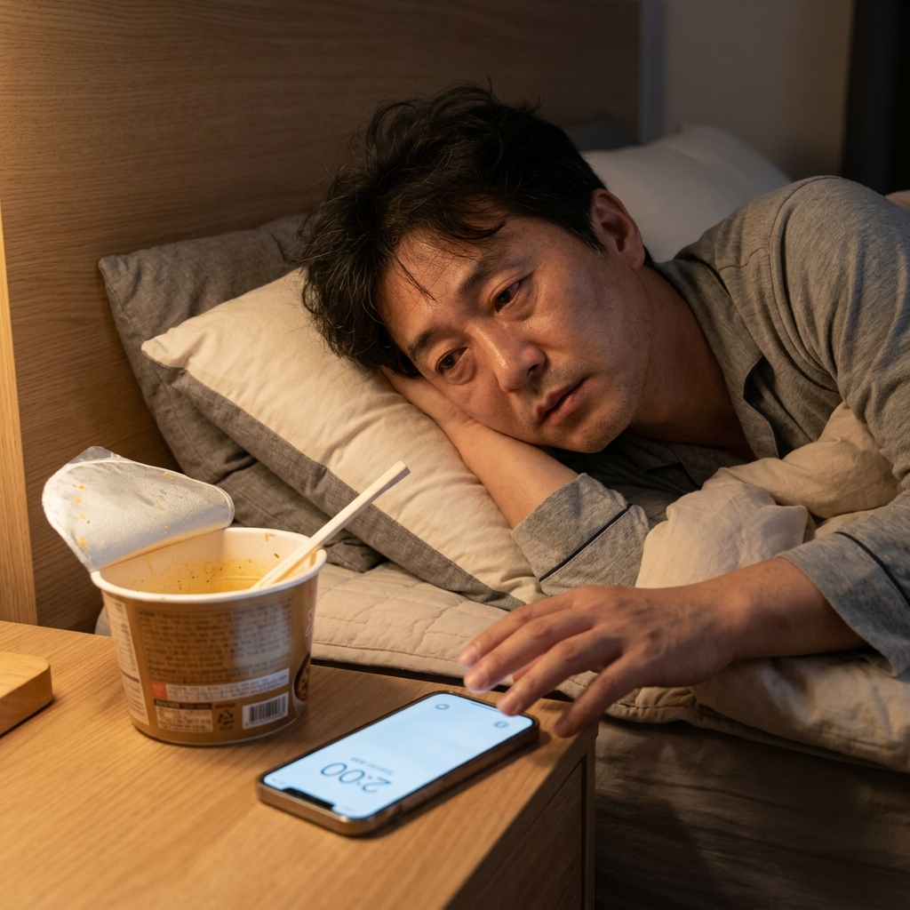침대 옆 탁자 위에 놓인 라면 용기와 스마트폰 화면 속 새벽 2시 시각을 보며 눈을 뜬 중년 남성의 피곤한 표정