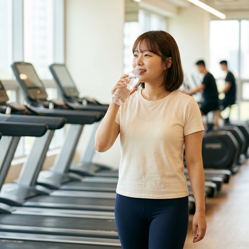 러닝머신에서 운동을 마친 뒤 가벼운 반팔 차림으로 생수병을 들고 한 모금씩 천천히 마시는 30대 남성