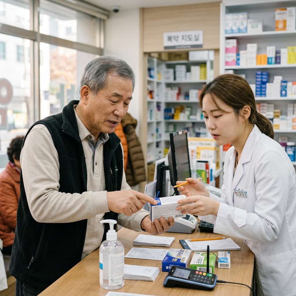 약국 카운터에서 약사에게 전립선 질환 사실을 알리며 감기약 성분표를 함께 확인하는 60대 후반 남성